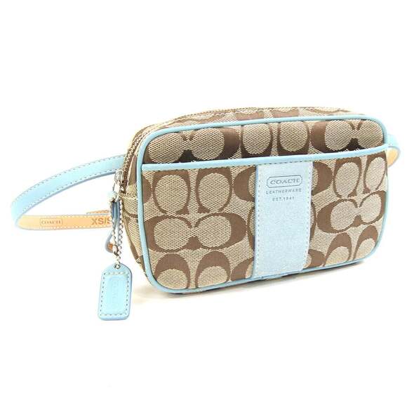 Coach Waist Bag Signature Khaki Light Blue Canvas Leather Hip Pouch Body Wome...